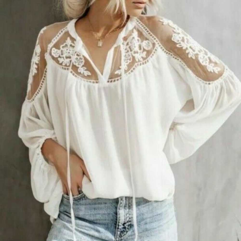 FLASH SALE!! Chiffon Lace White Chiffon Top Blouse - Picture 3 of 6